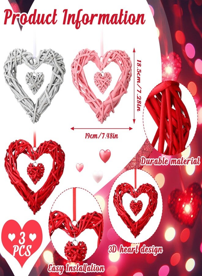 Amyhill 3 Pcs Valentine's Day Rattan Hearts Themed Hanging Decor Heart Shape Wicker Wreath Rustic White Pink Red Ornament for Weddings Holiday Party Home Decoration Wall Front Door Display - Image 2