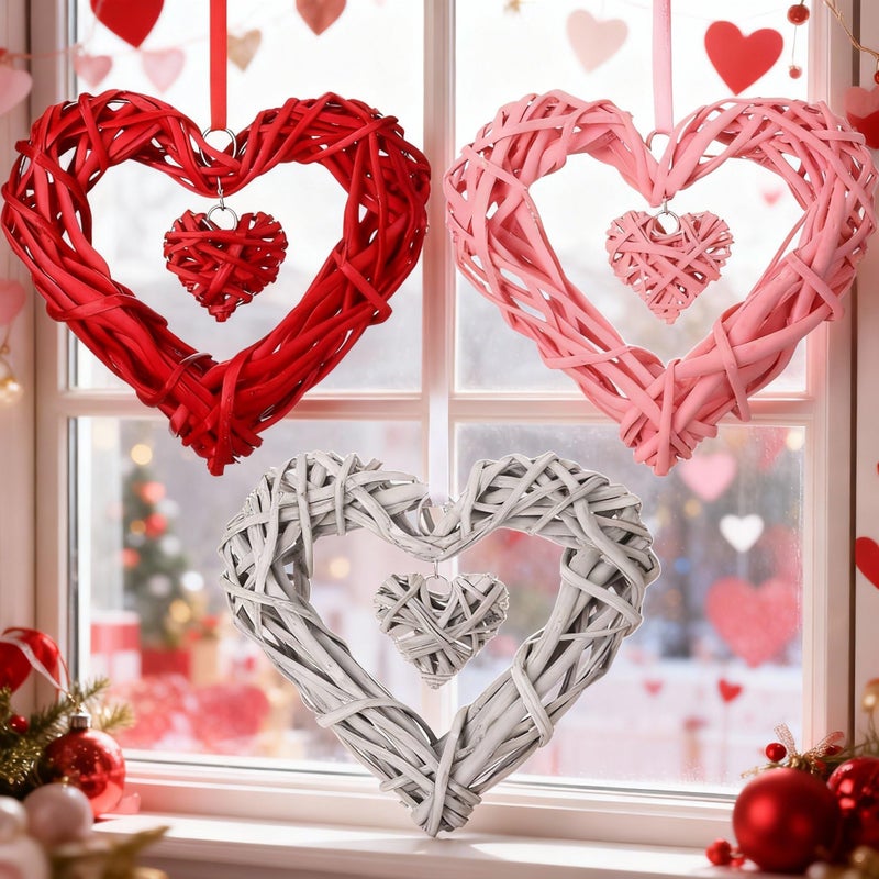Amyhill 3 Pcs Valentine's Day Rattan Hearts Themed Hanging Decor Heart Shape Wicker Wreath Rustic White Pink Red Ornament for Weddings Holiday Party Home Decoration Wall Front Door Display - Image 1