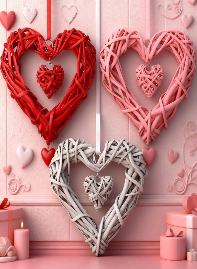 Amyhill 3 Pcs Valentine's Day Rattan Hearts Themed Hanging Decor Heart Shape Wicker Wreath Rustic White Pink Red Ornament for Weddings Holiday Party Home Decoration Wall Front Door Display - Image 4