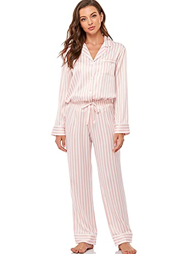 Serenedelicacy Women's Satin Pajama Set Long Sleeve Button Down Sleepwear 2-Piece Silky Pj Set (Medium, Blush/Ivory, Stripe) - Image 3