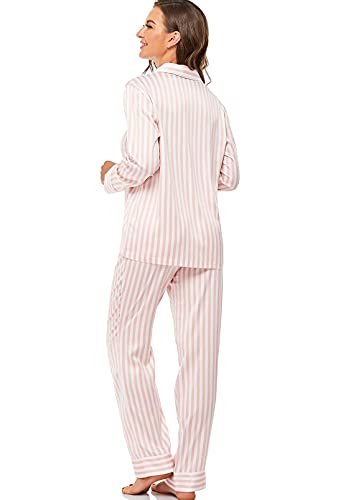 Serenedelicacy Women's Satin Pajama Set Long Sleeve Button Down Sleepwear 2-Piece Silky Pj Set (Medium, Blush/Ivory, Stripe) - Image 2