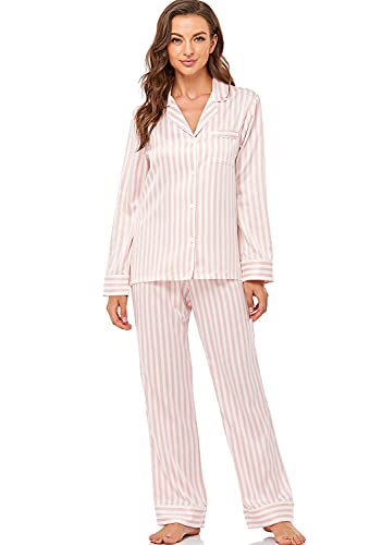 Serenedelicacy Women's Satin Pajama Set Long Sleeve Button Down Sleepwear 2-Piece Silky Pj Set (Medium, Blush/Ivory, Stripe) - Image 1
