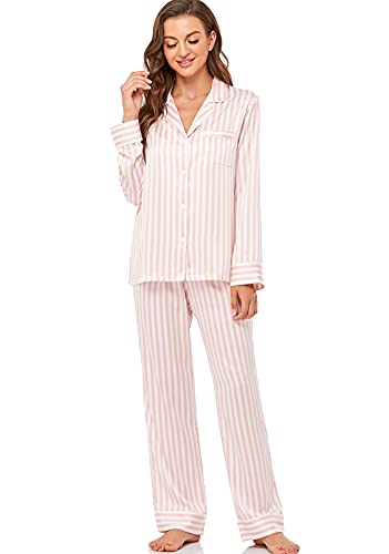 Serenedelicacy Women's Satin Pajama Set Long Sleeve Button Down Sleepwear 2-Piece Silky Pj Set (Medium, Blush/Ivory, Stripe) - Image 4