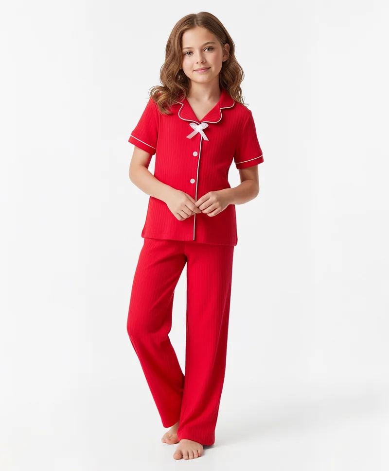 Pine Kids Pine Kids Drop Needle Knit Half Sleeves Solid Night Suit With Bow Applique - Red
