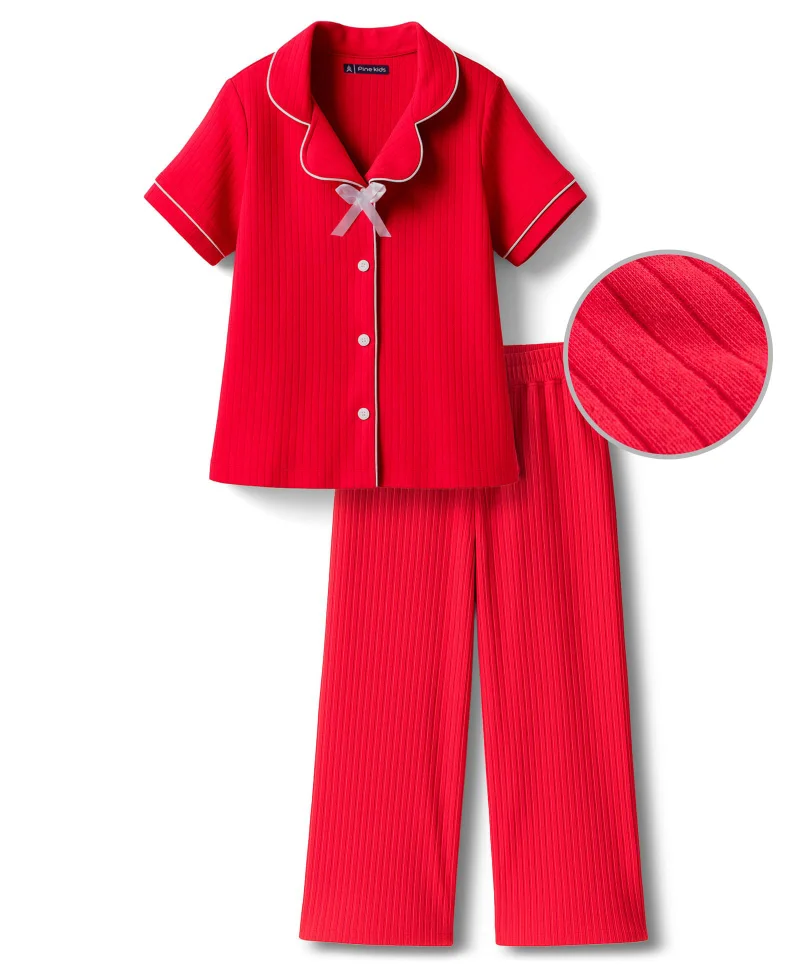Pine Kids Pine Kids Drop Needle Knit Half Sleeves Solid Night Suit With Bow Applique - Red