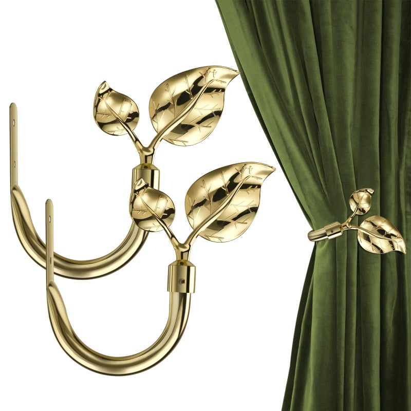 HIKMLK Leaf Shaped Curtain Holdbacks 2pcs Handmade Metal Curtain Side Holders for Wall Antique Brass Curtain Tieback Hook Pull Backs for Drapes Window Home Decoration Gold