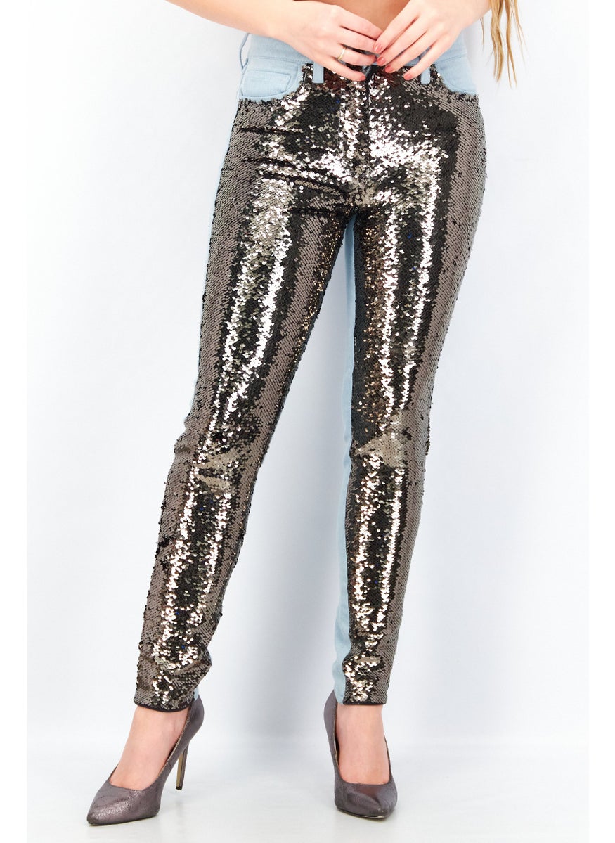 French Connection Women Skinny Fit Sequins Stretchable Pants, Vintage Blue  - Image 1
