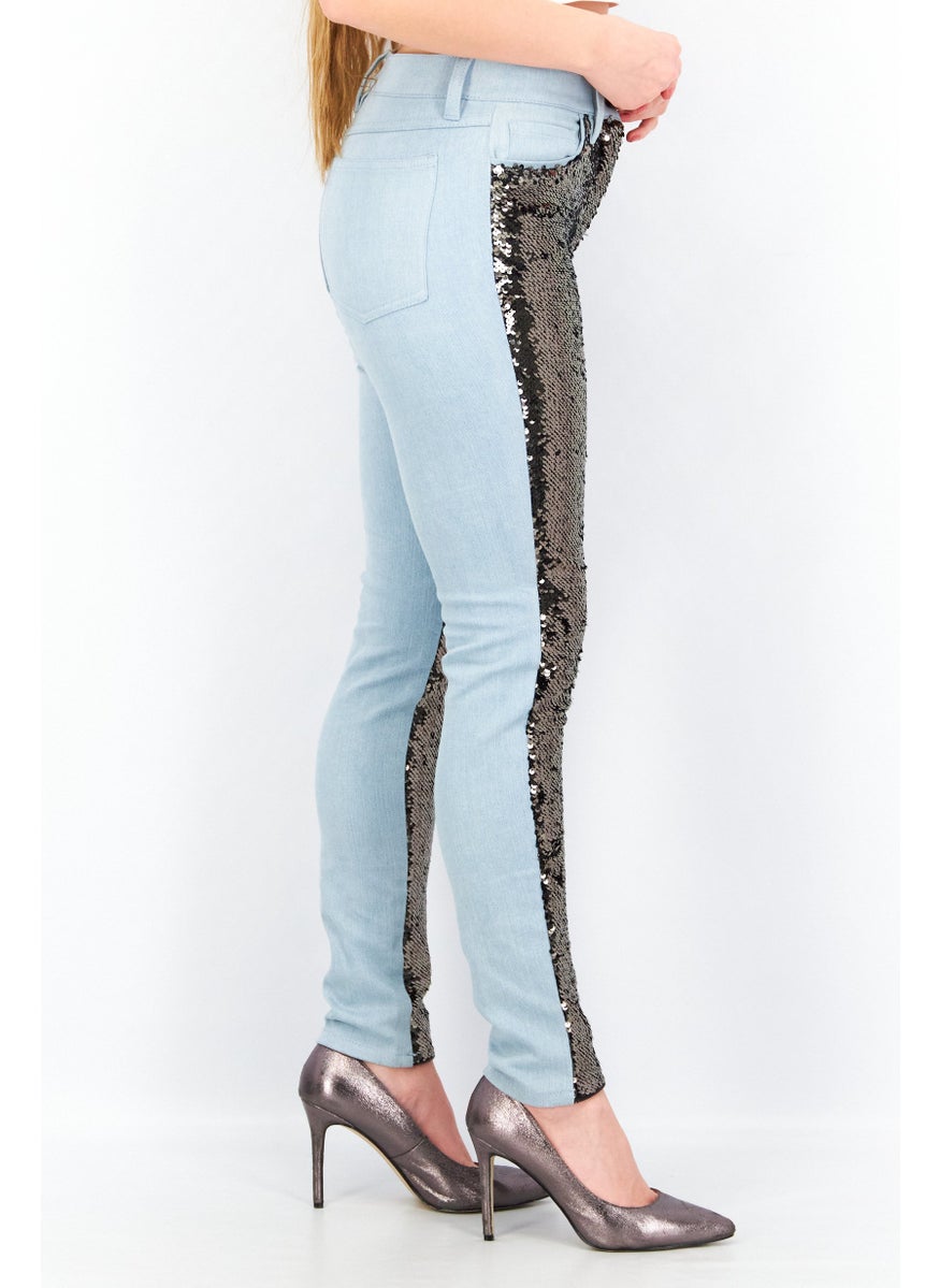French Connection Women Skinny Fit Sequins Stretchable Pants, Vintage Blue  - Image 3
