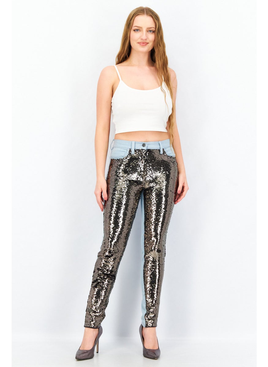 French Connection Women Skinny Fit Sequins Stretchable Pants, Vintage Blue  - Image 4