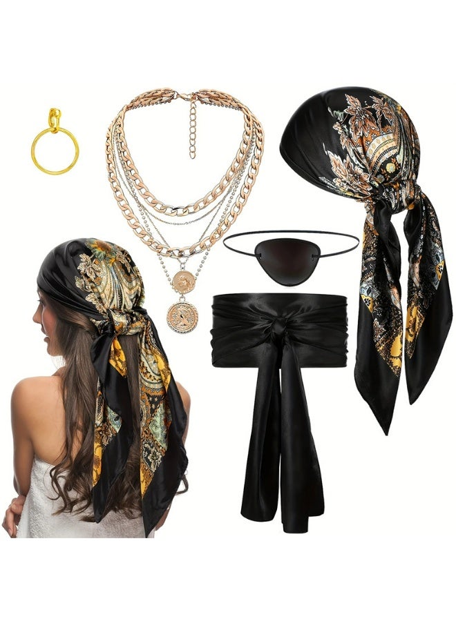 مجموعة اكسسوارات زي القراصنة للنساء | وشاح للرأس وقبعة ووشاح وحزام زي تنكري مع عقد من الستانلس ستيل - Image 1