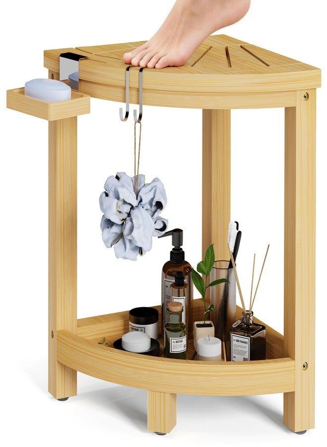 Ollieroo 2-Tier Bamboo Corner Shower Stool for Shaving Legs, Waterproof Bench with Storage Shelf and Soap Dish, Non-Slip Foot Rest (Natural) - Image 1