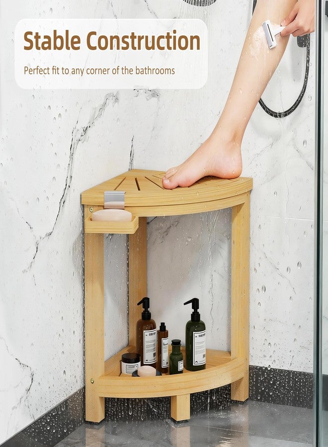Ollieroo 2-Tier Bamboo Corner Shower Stool for Shaving Legs, Waterproof Bench with Storage Shelf and Soap Dish, Non-Slip Foot Rest (Natural) - Image 2