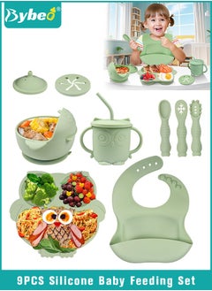Bybeo 9 PCS Baby Silicone Feeding Set, First Stage Toddler Utensils with Bib, Sippy Cup, Suction Bowl, Infant Spoons and Fork Sets, Divided Plate with Suction - Baby Led Weaning Supplies  - Image 1