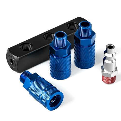 TAISHER 3-Way Straight Air Manifold 4 Ports Aluminum Industrial Pneumatic Air Compressor Quick Connect Socket In Line Type Air Hose Splitter with 3 Couplers and 1/4" Male NPT Plug - Image 2