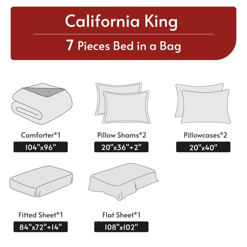 MUXHOMO 7 Pieces California King Comforter Set, Reversible Bed in a Bag Cal King Size, All Season Bedding Set with Comforter, Flat Sheet, Fitted Sheet, Pillowcases & Shams, Red & Black - Image 5