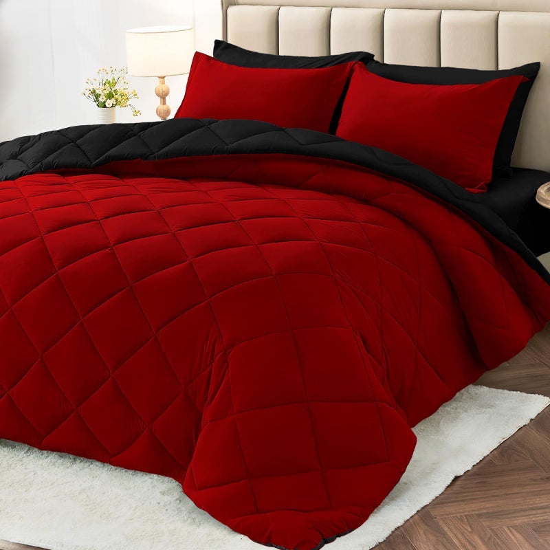 MUXHOMO 7 Pieces California King Comforter Set, Reversible Bed in a Bag Cal King Size, All Season Bedding Set with Comforter, Flat Sheet, Fitted Sheet, Pillowcases & Shams, Red & Black - Image 1