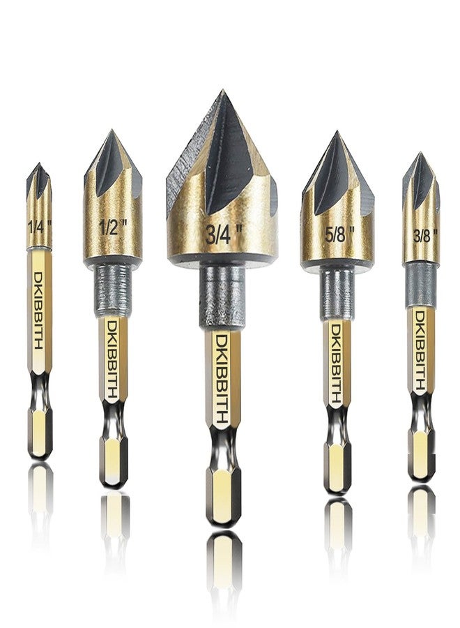 DKIBBITH Countersink Drill Bit Set, 5pc, 1/4" Hex Shank, 82 Degree Countersink Holes for Screws to Sit Flush or Under The Surface of Metal Wood Plastic, Sizes 1/4, 3/8, 1/2, 5/8, 3/4 Inches with Storage Case - Image 1