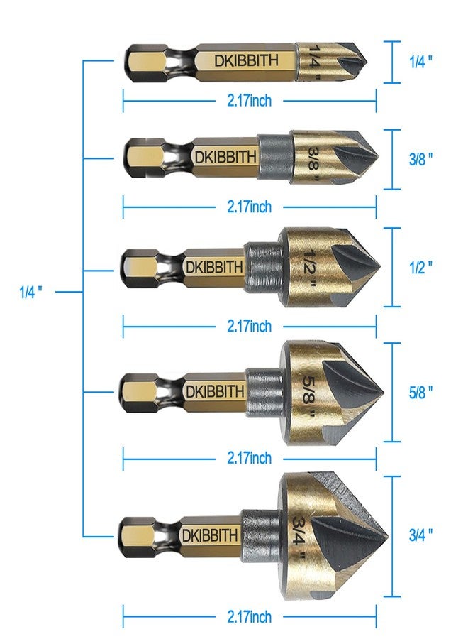 DKIBBITH Countersink Drill Bit Set, 5pc, 1/4" Hex Shank, 82 Degree Countersink Holes for Screws to Sit Flush or Under The Surface of Metal Wood Plastic, Sizes 1/4, 3/8, 1/2, 5/8, 3/4 Inches with Storage Case - Image 2