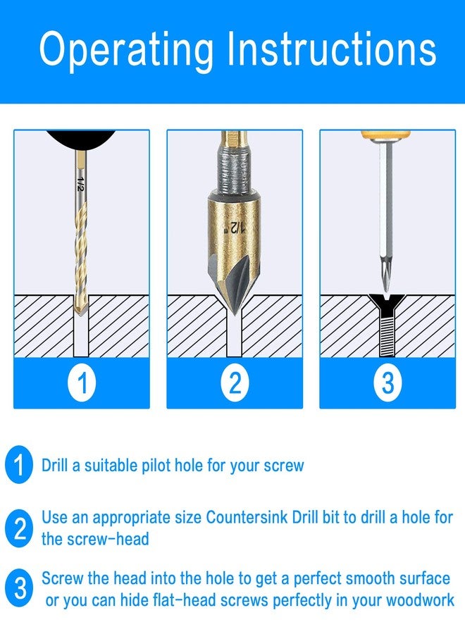 DKIBBITH Countersink Drill Bit Set, 5pc, 1/4" Hex Shank, 82 Degree Countersink Holes for Screws to Sit Flush or Under The Surface of Metal Wood Plastic, Sizes 1/4, 3/8, 1/2, 5/8, 3/4 Inches with Storage Case - Image 3