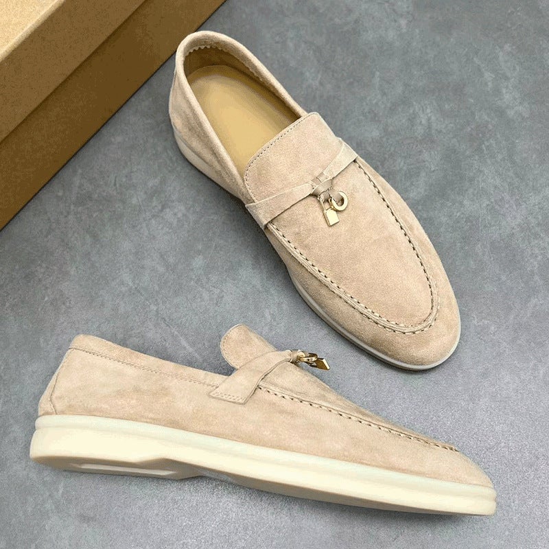 Unlabeled LP Loafers Leather Soft-soled Casual Single-layer Shoes British Slip-on Lazy Shoes Penny Shoes Small Leather Shoes 2024 Apricot