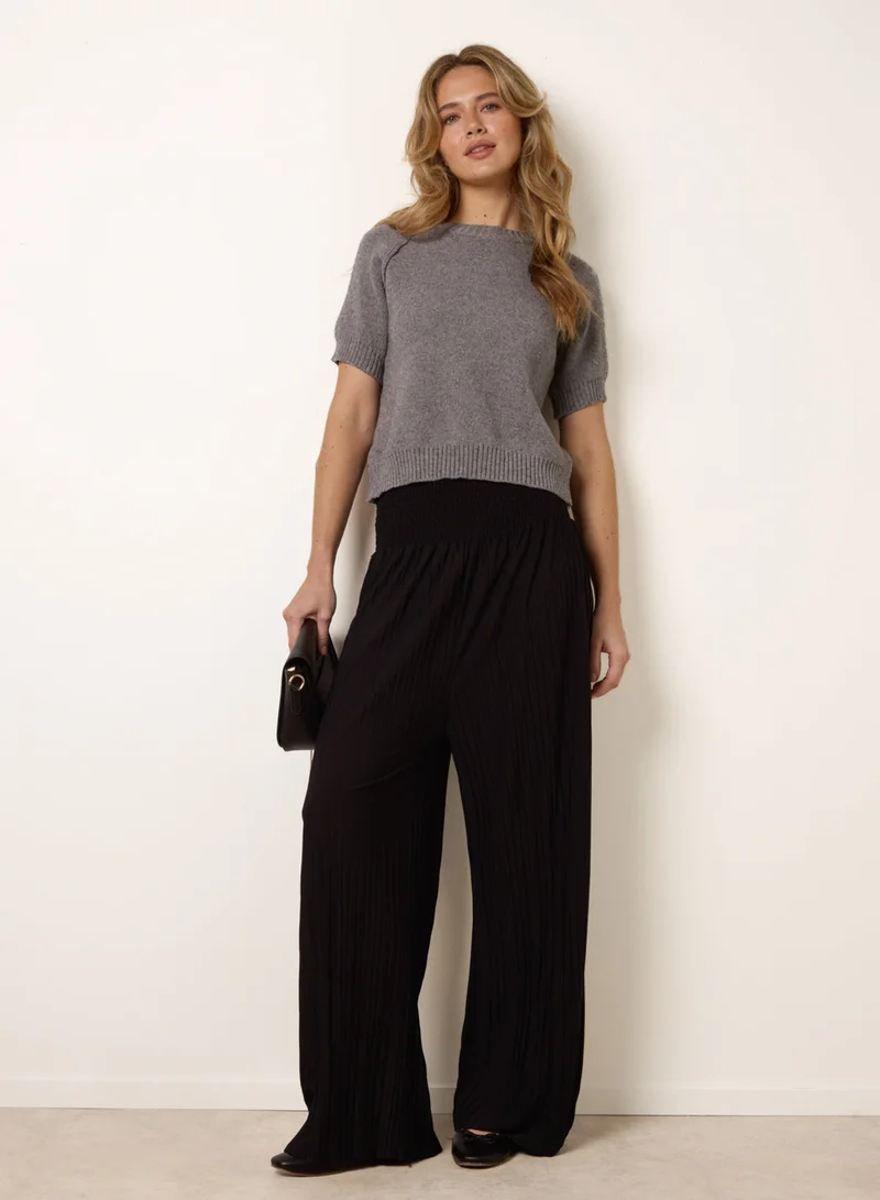 بلو فانيلا Shirred Waist Pleated Wide Leg Trousers