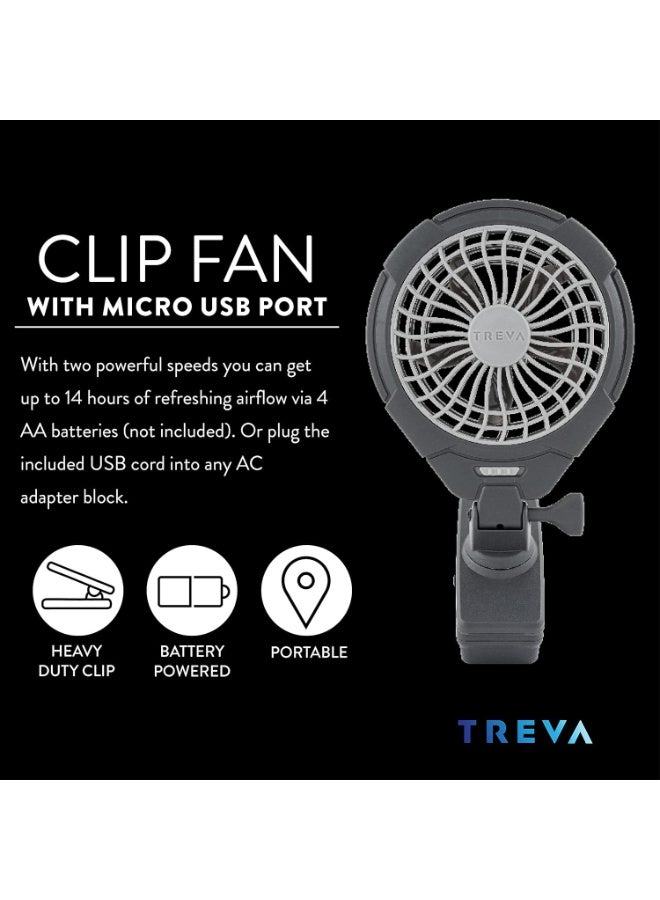 Treva 5 Inch Two Speed Battery & USB Powered Clip On Fan - Slim and Portable Cooling Travel Fan with USB - Gray - Image 4