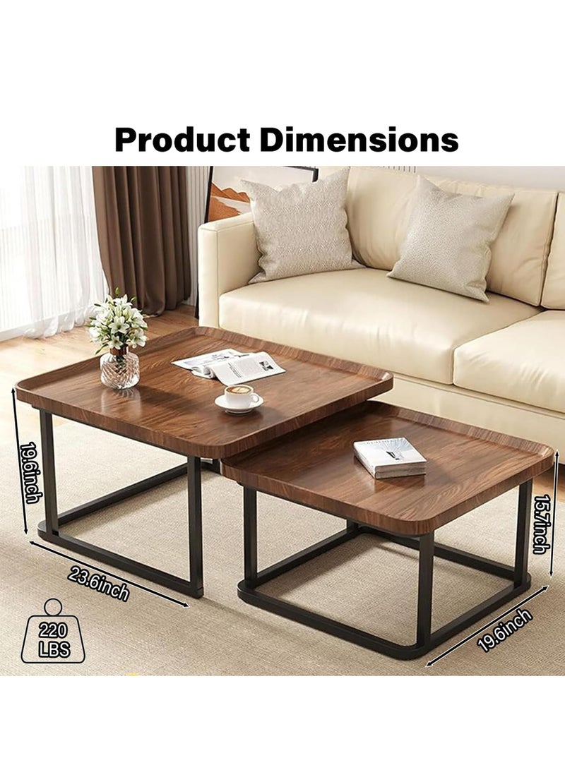XiuWoo Square Coffee Tables Living Room Set of 2 Nesting Stackable Side Tables Modern Walnut Finish Mid-Century Space-Saving Center Table for Living Room Bedroom Yard Balcony Multi-Functional Furniture,60cm+50cm,Brown - Image 5