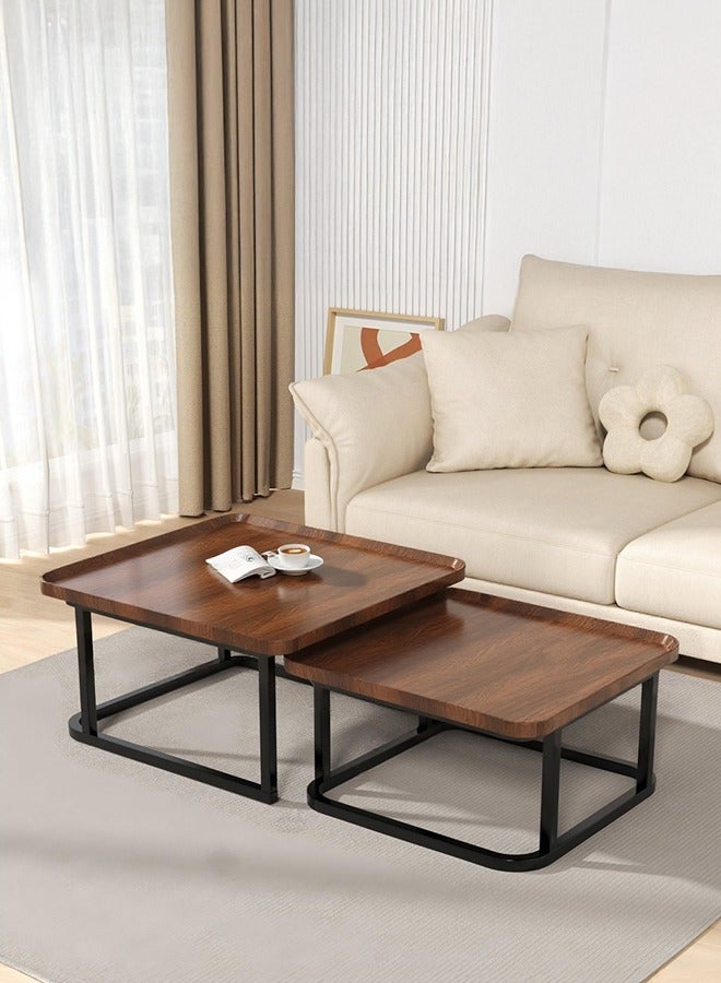 XiuWoo Square Coffee Tables Living Room Set of 2 Nesting Stackable Side Tables Modern Walnut Finish Mid-Century Space-Saving Center Table for Living Room Bedroom Yard Balcony Multi-Functional Furniture,60cm+50cm,Brown - Image 1