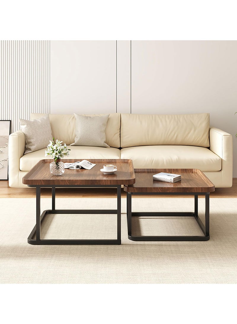 XiuWoo Square Coffee Tables Living Room Set of 2 Nesting Stackable Side Tables Modern Walnut Finish Mid-Century Space-Saving Center Table for Living Room Bedroom Yard Balcony Multi-Functional Furniture,60cm+50cm,Brown - Image 2