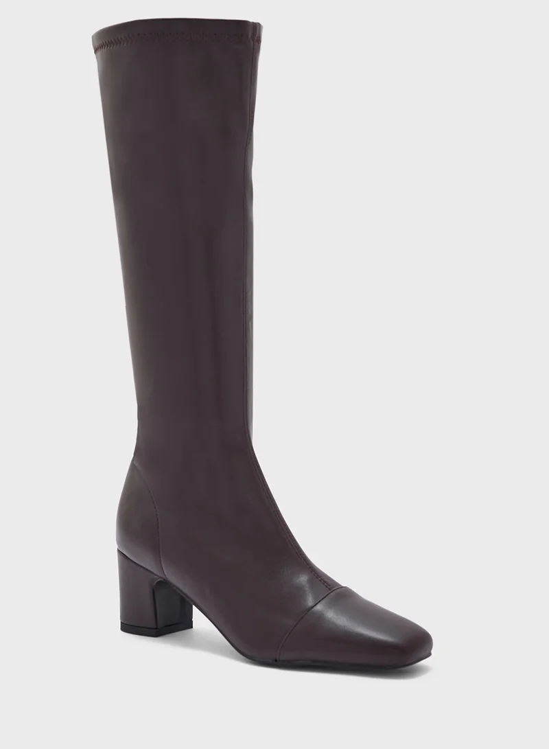 ELLA Round Toe Block Heel Zip Knee High Boot