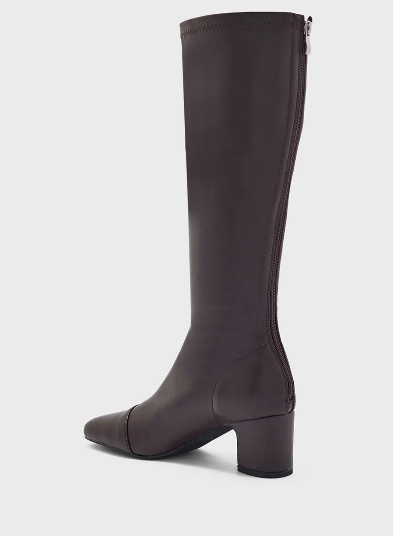 ELLA Round Toe Block Heel Zip Knee High Boot