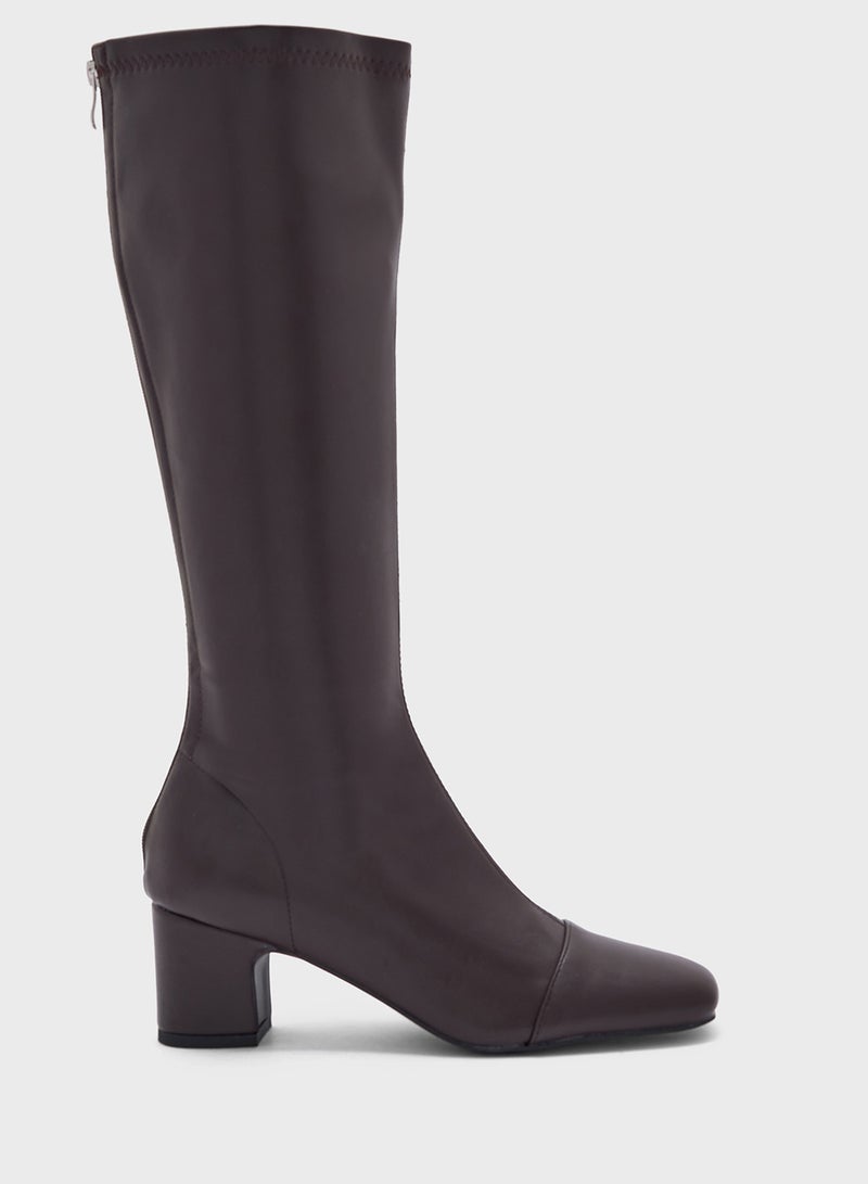 ELLA Round Toe Block Heel Zip Knee High Boot - Image 1
