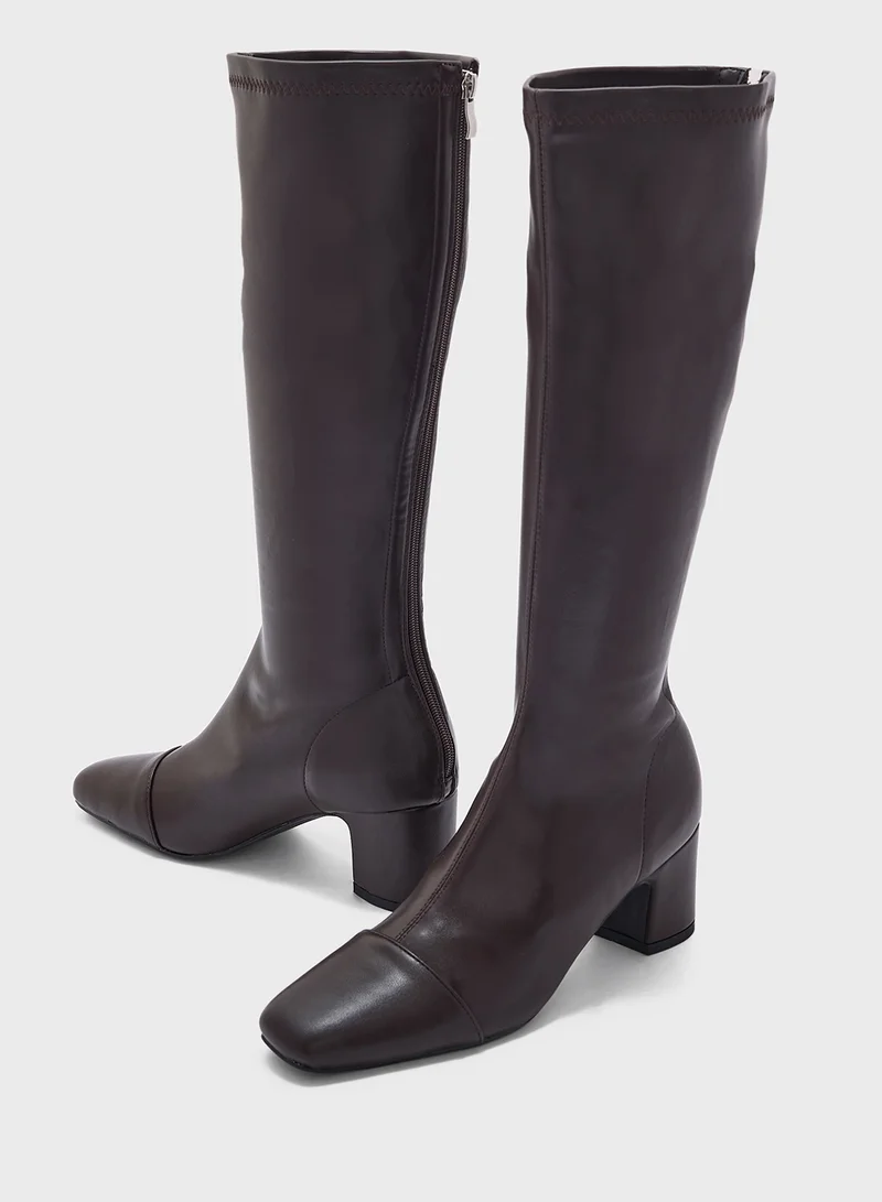 ELLA Round Toe Block Heel Zip Knee High Boot