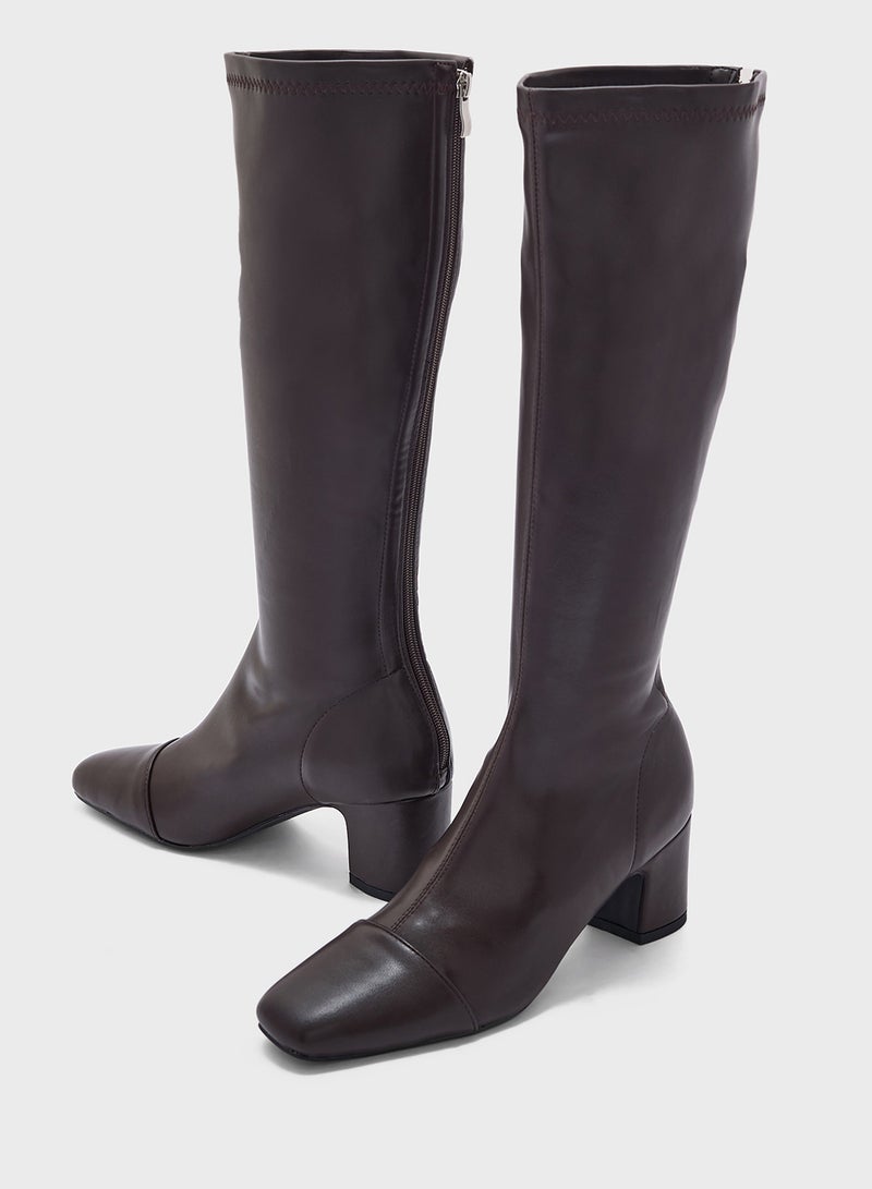 ELLA Round Toe Block Heel Zip Knee High Boot - Image 4
