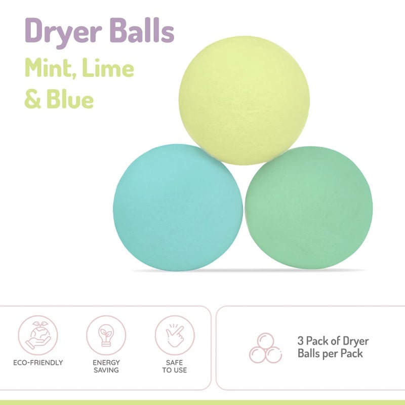 melii Reusable New Zealand Wool Dryer Balls 3-Pack - Reduces Drying Time, Static & Wrinkles - Mint, Lime, Blue - Image 2
