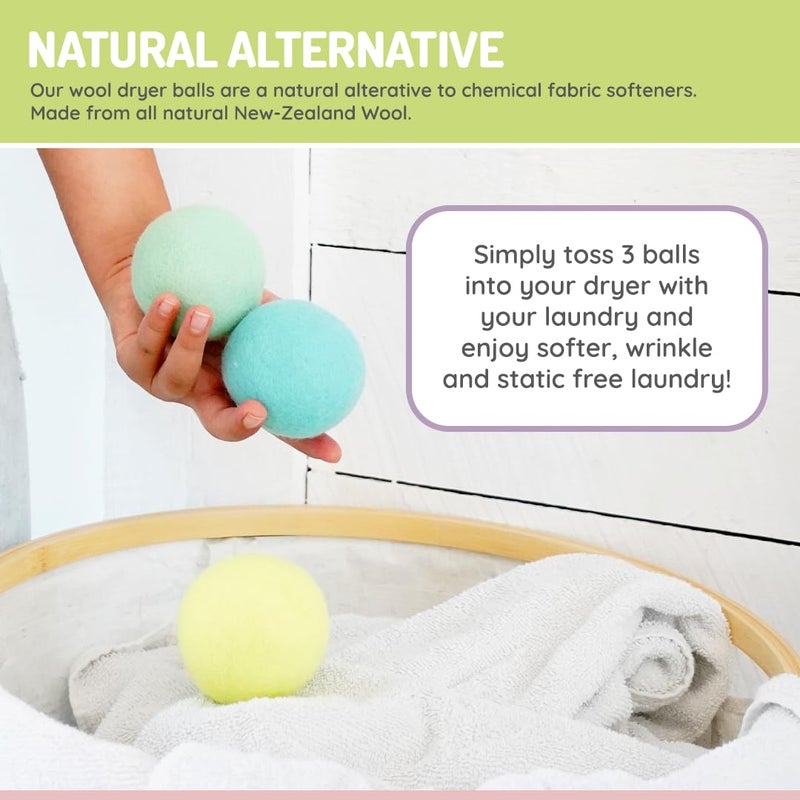 melii Reusable New Zealand Wool Dryer Balls 3-Pack - Reduces Drying Time, Static & Wrinkles - Mint, Lime, Blue - Image 5