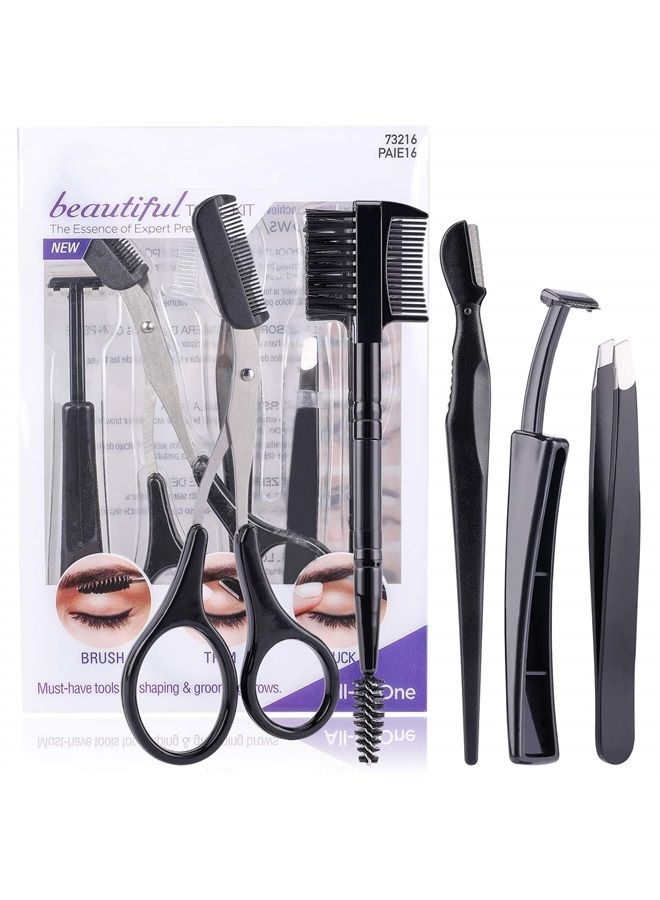 JPNK 5 in 1 Eyebrow Tweezers Scissors and Razors Set-Eyebrow Trimmer Shaver Shaper and Angled & Spoolie Brows Brushes Eyebrow Grooming Kit for Women and Men - Image 1