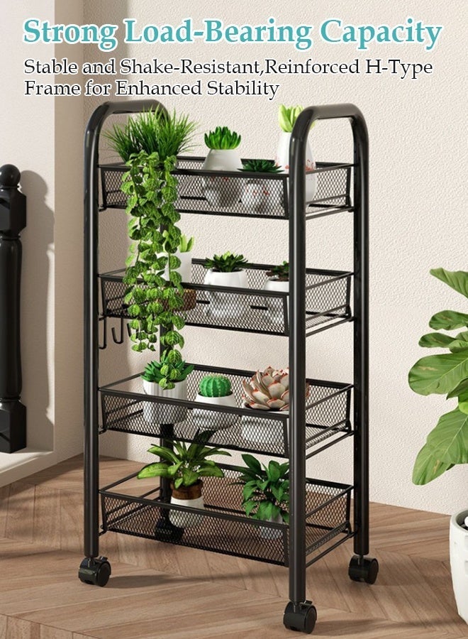 Forthcan 4-Tier Metal Rolling Cart with Wheels, Mesh Wire Utility Trolley 45×27×85 cm, Mobile Storage Organizer with Hooks for Kitchen/Bathroom/Laundry - Image 3