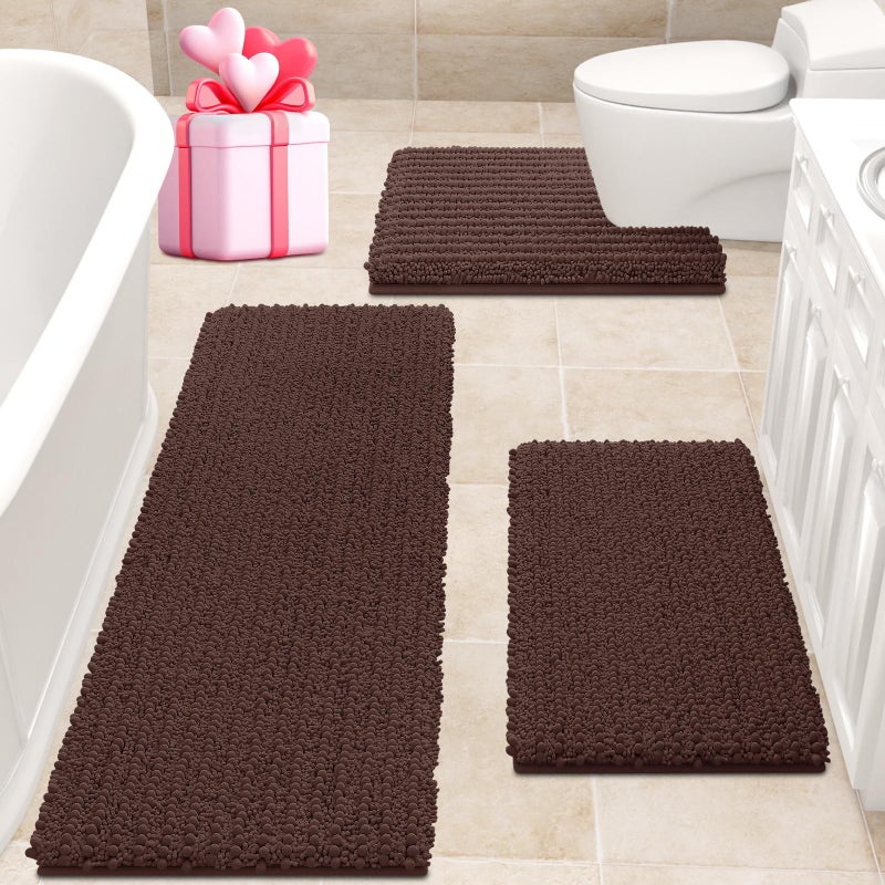 ACCUMTEK Upgrade Extra Large Brown Bathroom Rug Set 3 Pieces Ultra Soft Thick Absorbent Bath Mats Non Slip Chenille Toilet Mat for Bathroom Bedroom Kitchen Dark Coffee