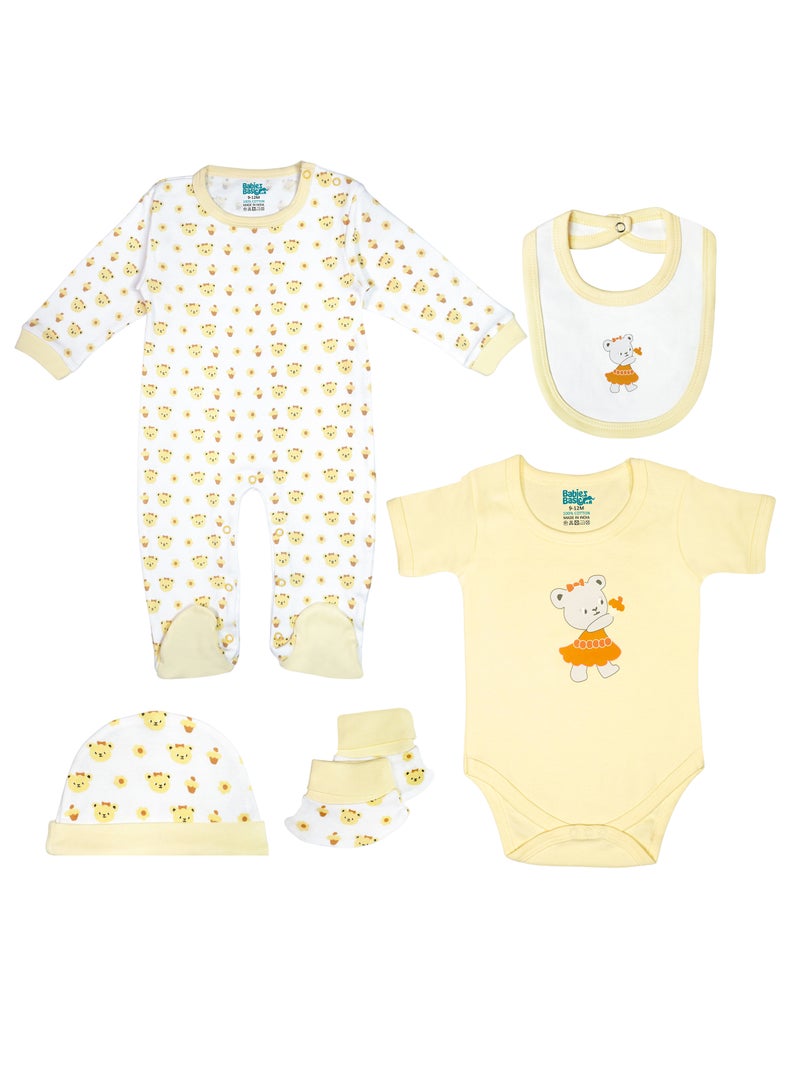 Babies Basic 5 piece Unisex 100% Cotton Sets include Bib, Romper, Mittens, Cap and Sleepsuit/Jumpsuit - Image 1