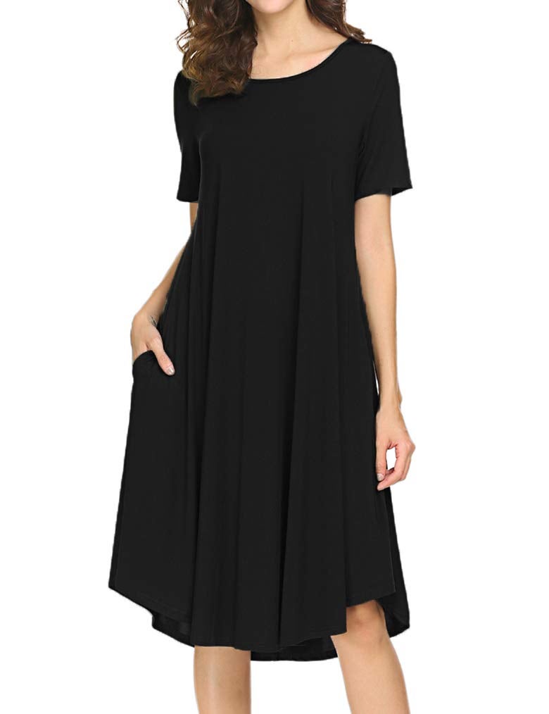 Locryz Juniors Summer Short Sleeve Basic Pocket Pleated Midi Dress Black X-Large - Image 1