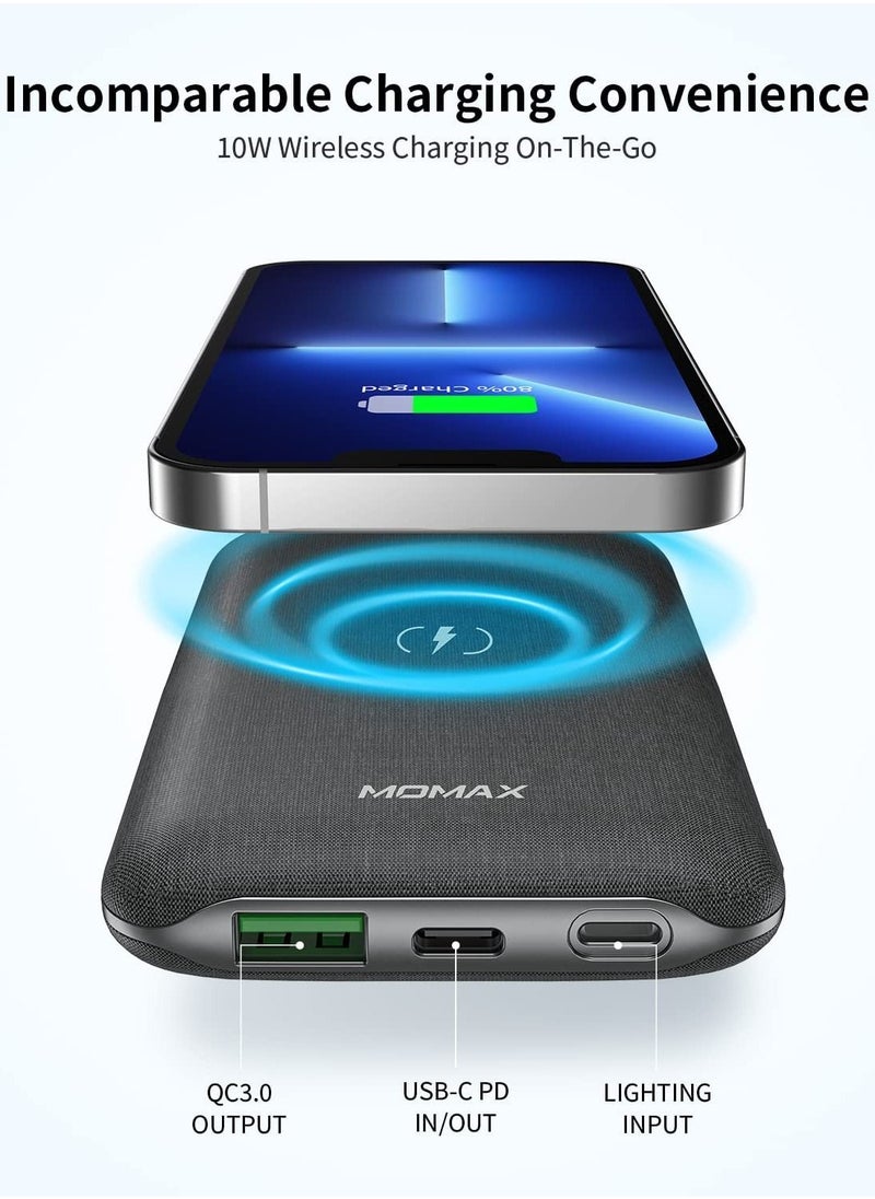 Momax - Wireless Portable Charger, 10000mAh MFi Power Bank Lightning Input 20W PD QC 3.0 USB C External Battery Pack 2 Input & 3 Output Phone Charger for iPhone, Airpods, Samsung, Android (Dark Grey) - Image 1