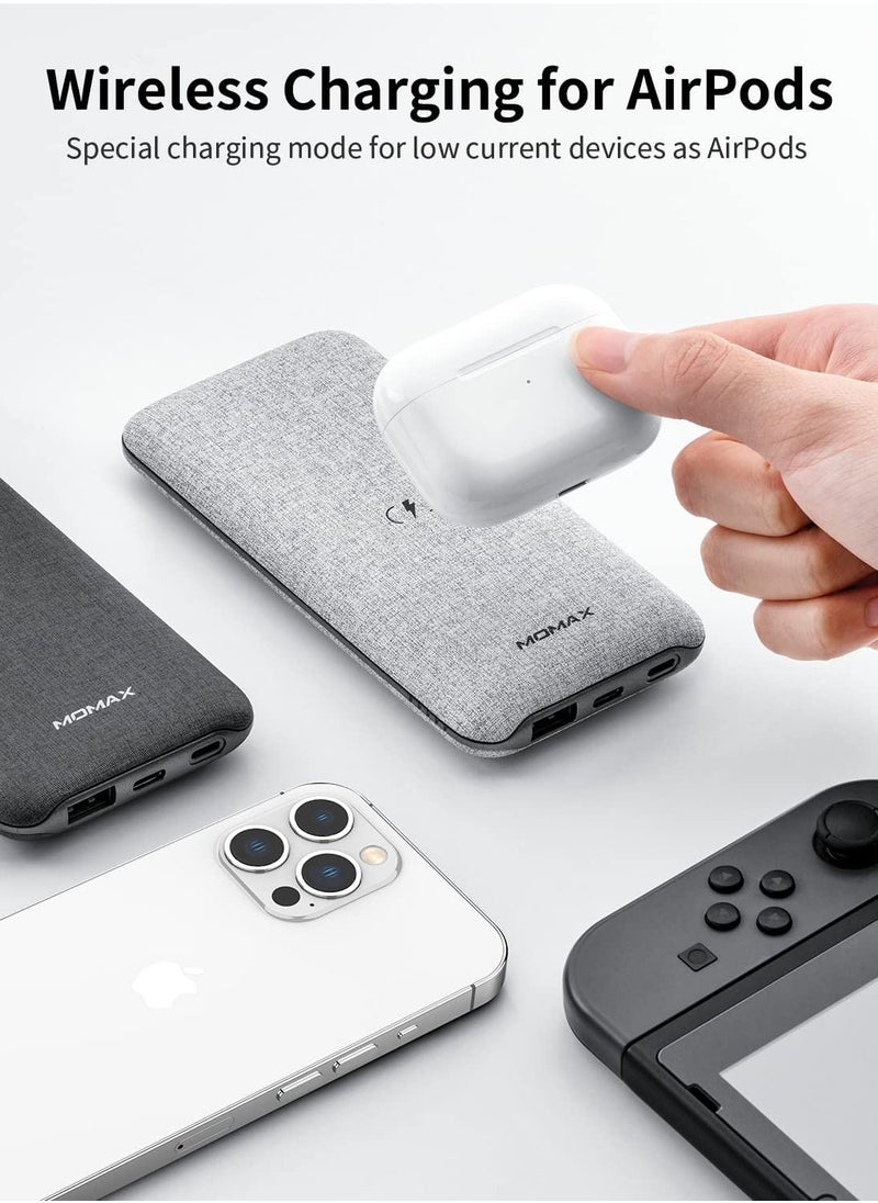 Momax - Wireless Portable Charger, 10000mAh MFi Power Bank Lightning Input 20W PD QC 3.0 USB C External Battery Pack 2 Input & 3 Output Phone Charger for iPhone, Airpods, Samsung, Android (Dark Grey) - Image 1