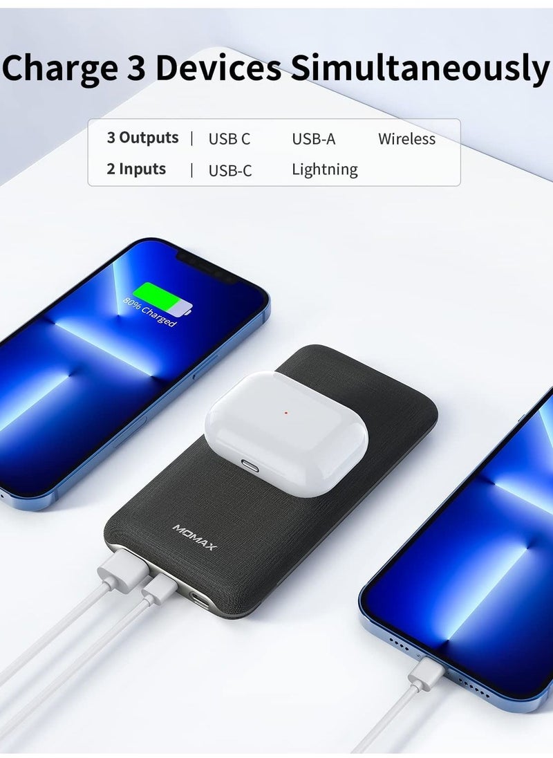 Momax - Wireless Portable Charger, 10000mAh MFi Power Bank Lightning Input 20W PD QC 3.0 USB C External Battery Pack 2 Input & 3 Output Phone Charger for iPhone, Airpods, Samsung, Android (Dark Grey) - Image 1