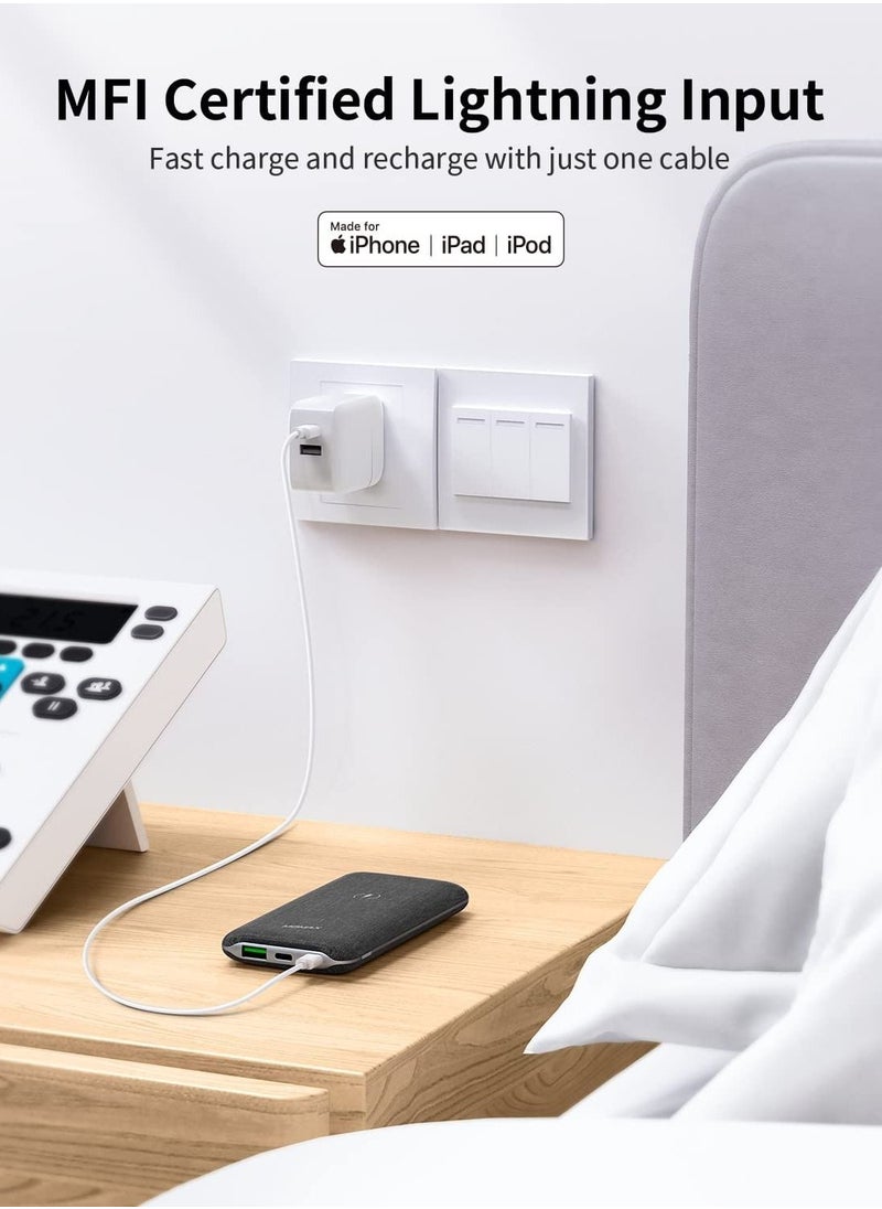 Momax - Wireless Portable Charger, 10000mAh MFi Power Bank Lightning Input 20W PD QC 3.0 USB C External Battery Pack 2 Input & 3 Output Phone Charger for iPhone, Airpods, Samsung, Android (Dark Grey) - Image 1