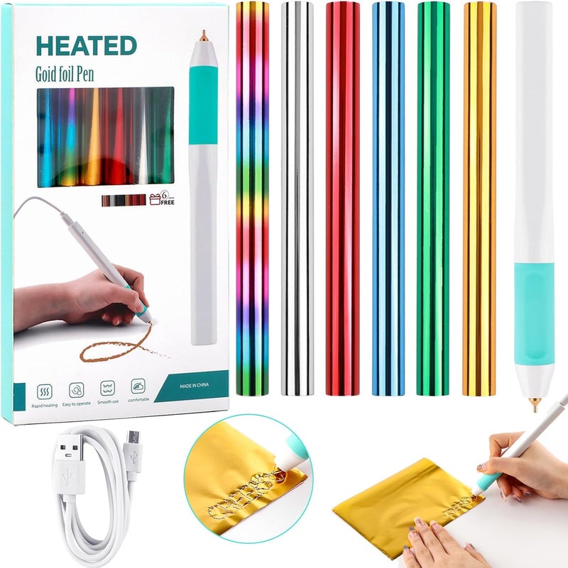 CYFUN DESIGN Hot Foil Roll & Hot Heated Foil Pens Set,Foil Quill Starter USB Heat Foil Pen for Scrapbooking Tool Kits Gold Hot Foil Roll for Card Making Craft Scrapbooking Drawing Pen with USB Cable DC5V - Image 1