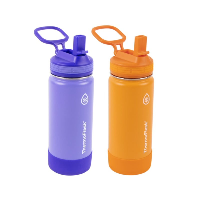 ThermoFlask Kids Bottle with Straw Lid  Durable  DishwasherSafe Water Bottles  Lids  LeakProof Bottle Lid Design  Reusable Water Bottles for Everyday Use  16 oz PurpleOrange 2 Pack