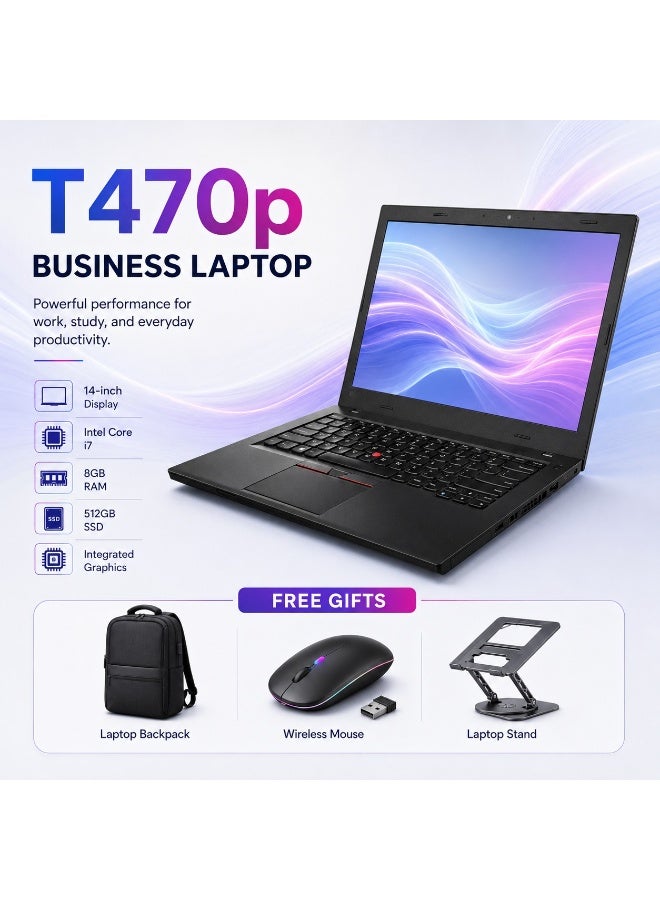 T470p Business Laptop 14 Inch Display Core i7 8GB RAM 512GB SSD Integrated Graphics With Laptop Backpack Wireless Mouse Laptop Stand - Image 1