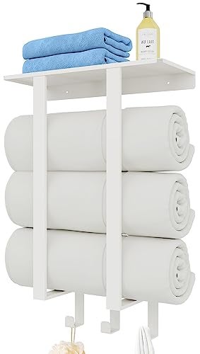 Bethom Towel Racks for Bathroom White, Bathroom Towel Rack with Shelf and 3 Hooks Wall Mounted, Towel Storage Rack for Small Bathroom - Image 1