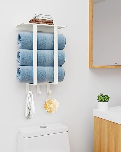 Bethom Towel Racks for Bathroom White, Bathroom Towel Rack with Shelf and 3 Hooks Wall Mounted, Towel Storage Rack for Small Bathroom - Image 2